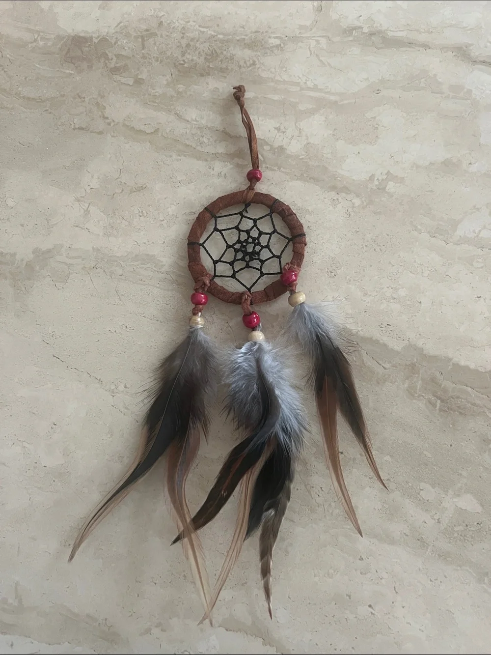 Handmade Suede Brown and Neutral Feather Dreamcatcher Wall Decor 3”x10”
